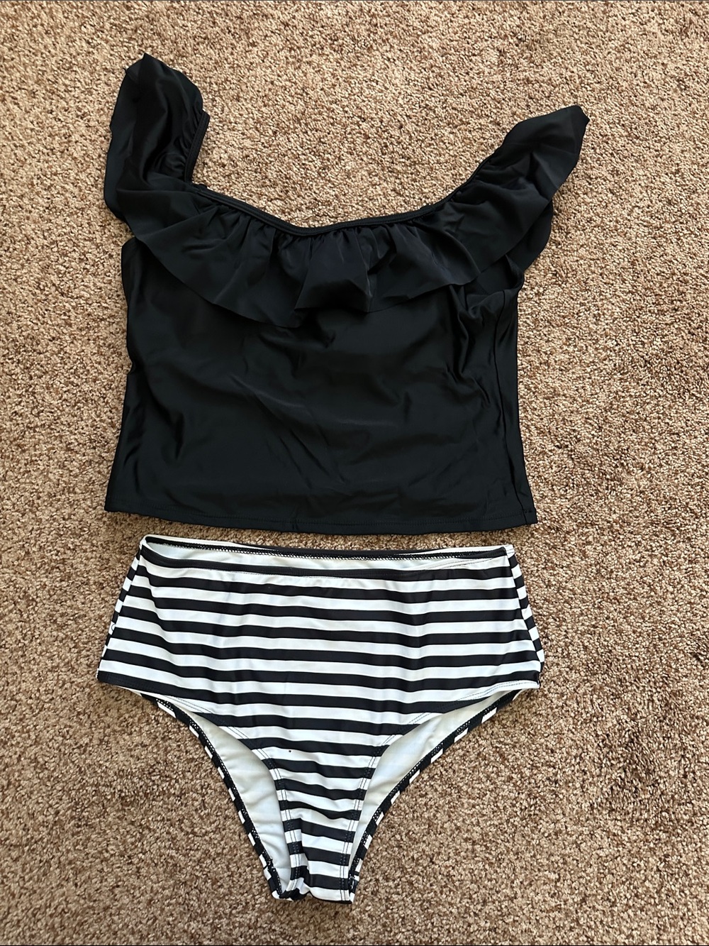 Black Ruffle Tankini Top with Black & White Striped High-Waist Bottoms